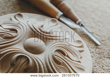 Wood Processing. Joinery Work. Wood Carving  With Work Tools Clo