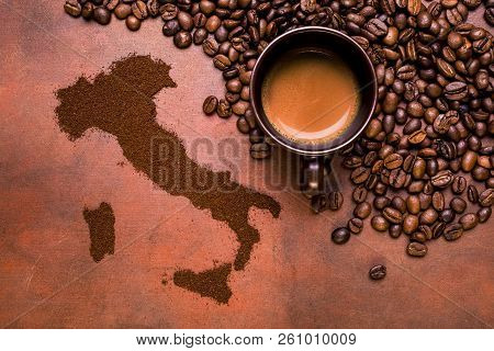 Cup Of Espresso Coffee, Roasted Coffee Beans And Map Of Italy.
