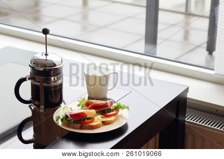 Healthy Breakfast With Sandwiches And Coffee In French Press, Scandinavian Style