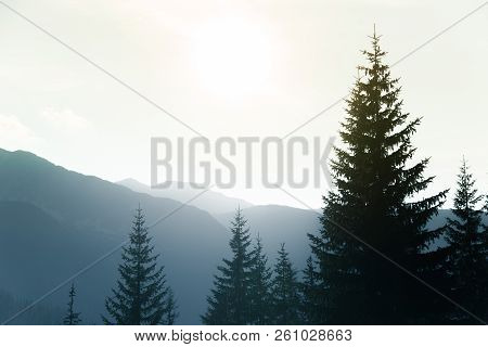 A Dreamy, Hazy Landscape Of A Mountains Close To Sunset. Sun Flase And Misty Look In Blue Tones. Mo