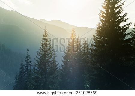 A Dreamy, Hazy Landscape Of A Mountains Close To Sunset. Sun Flase And Misty Look In Blue Tones. Mo