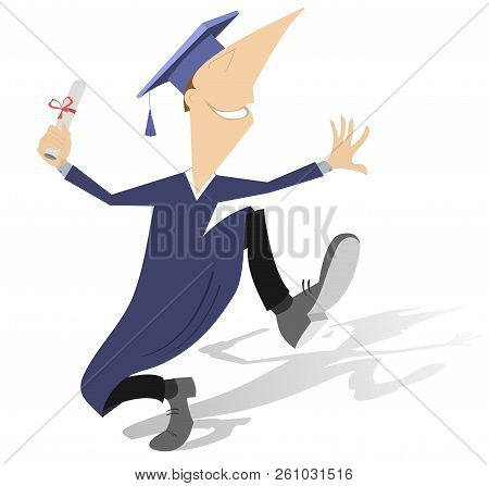 Happy Adult Student Or Professor In Mortarboard With Diploma Illustration. Academic Dressed Professo