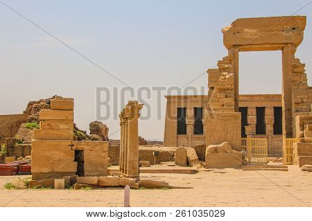 The Ruins Of The Beautiful Ancient Temple Of Dendera Or Hathor Temple. Egypt, Dendera, An Ancient Eg