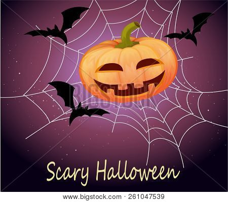 Halloween Greeting Card. Scary Pumpkin Jack In A Spiderweb With Flying Mice - Scary Halloween