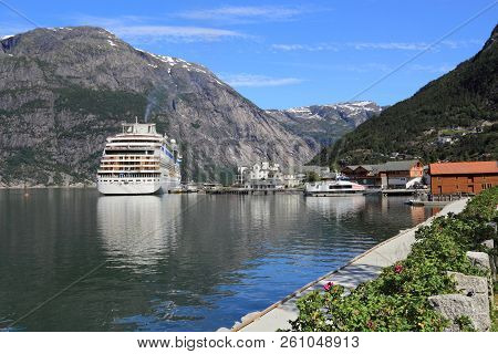 Norway Summer - Cruise Ship In Eidfjord Town.