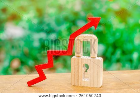 Padlock And Red Arrow Up. Concept Of Increasing Security And Secrecy, Protecting Private Data, Legal