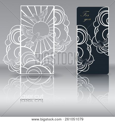 Laser Cut Pattern. Stylized Flock Of Birds In The Sky. Laser Cutting For Wedding Invitations, Covers