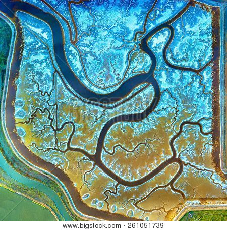 Overhead Aerial View Of Salt Pond Near Alviso