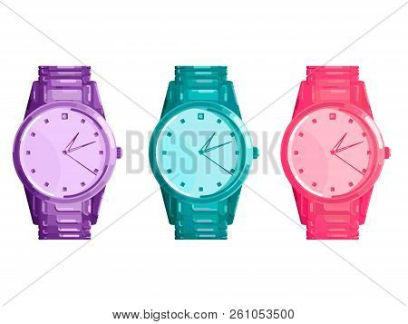 Wrist Watch. Set Of Three Wristwatches Are Purple, Blue And Pink. Flat Vector Illustrion.