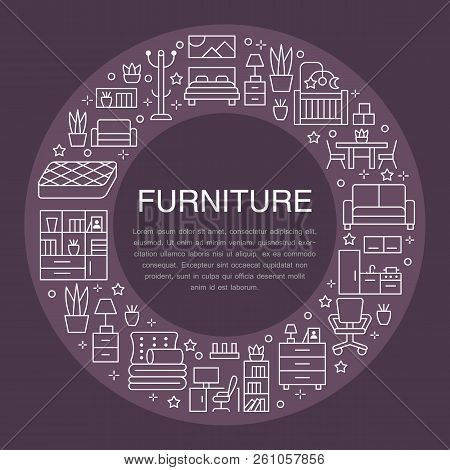 Furniture Sale Banner Illustration With Flat Line Icons. Living Room, Bedroom, Home Office Chair, Ki