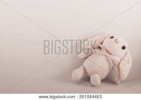 Card With A Lying Toy White Rabbit On A White Background