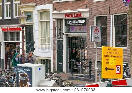 Amsterdam, Netherlands - June 25, 2017: Entrance To The Pure Lust Erotic Shop On The Oudezijds Voorb