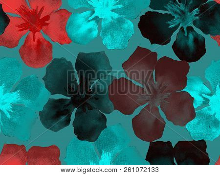 Hawaiian Watercolor Pattern. Indigo Blue Floral Tropical Seamless Print. Hibiscus And Oleander In Ha