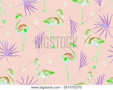 Large Flamingo Hipster Red Hawaiian Seamless Pattern. Summer Tropical Birds Watercolor Endless Print
