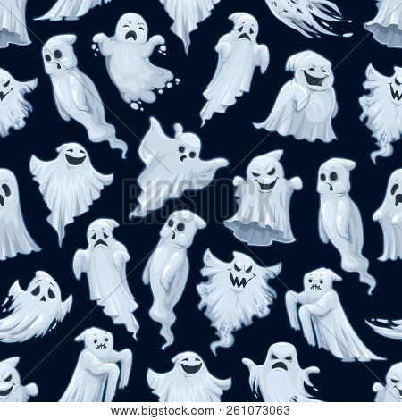 Halloween Cartoon Ghost Pattern Background. Vector Happy Halloween Greeting Card And Trick Or Treat 
