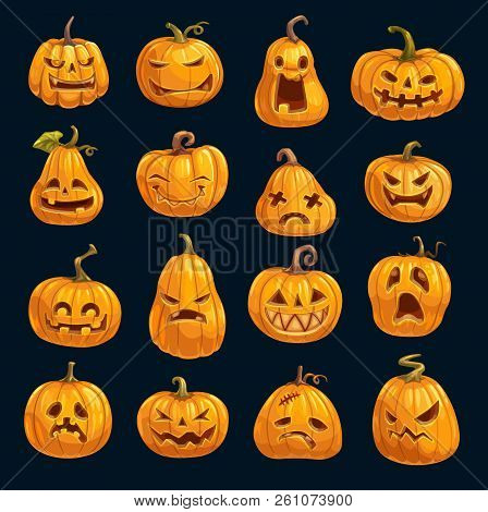 Halloween Cartoon Pumpkins Isolated Icons. Vector Happy Halloween Greeting Card And Trick Or Treat P