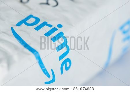 New York, Usa - October 1, 2018: Amazon Prime Package Logo On White Box Background