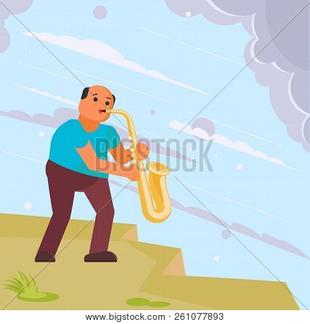 Musician Playing Saxophone In The Street. Vector Illustration In Flat Style. Street Musician Sax Pla