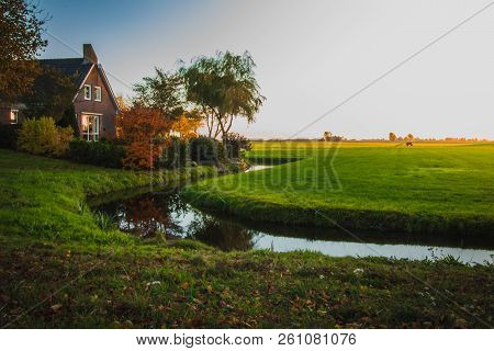 Typical Dutch Countryside Of Friesland Province, Netherlands, Europe.