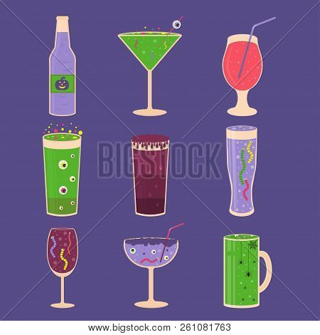 Set Of Halloween Cocktail Icons, Spooky Drinks With Eyeballs, Sp