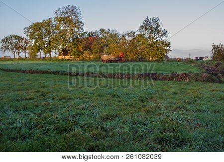 Farm Of Friesland In The Morning, Province Of Netherlands, Europe, October