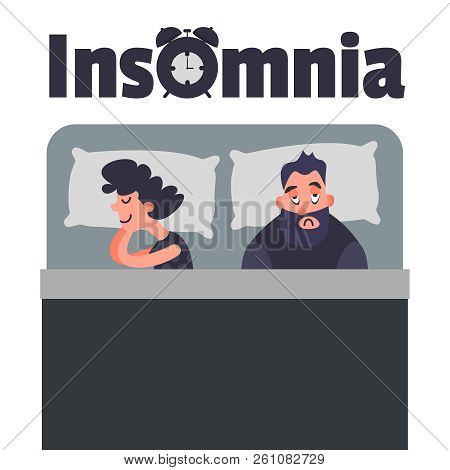 Sleepless Insomnia Concept Art. Tired Man On The Bed Can Not Sleep. Stress Male Character. Inscripti