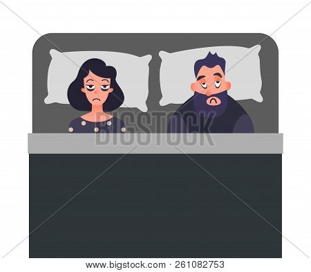Tired Man And Women On The Bed Can Not Sleep. Stress People Cartoon Characters. Sleepless Insomnia C