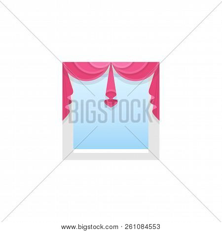 Red Fabric Valance With Drapery. Vector Illustration. Flat Icon Of Shade With 2 Asymmetric Swags. El