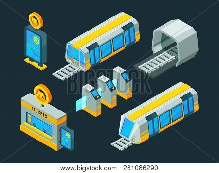 Metro Elements. Train Escalator And Subway Gate Vector Isometric Low Poly 3d Pictures. Illustration 
