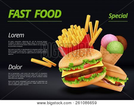Fast Food Poster. Burger Ingredients Beef Tomato Cheese Sandwich Meal Retro Advertizing Placard Vect
