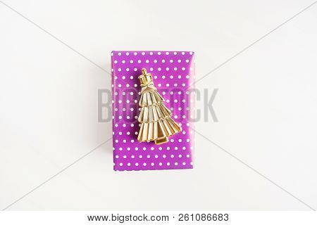 Purple Or Violet Gift Box With Golden Christmas Dtree Decoration