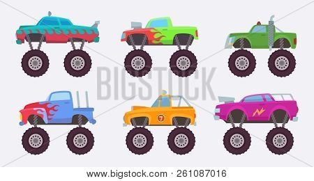 Monster Truck. Big Wheels Of Scary Car Automobile Toy For Kids Vector Illustrations. Monster Transpo