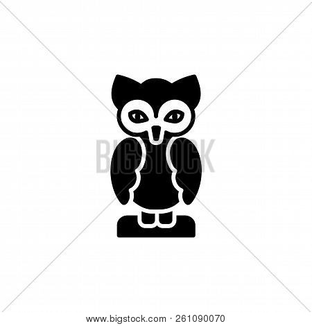 Black & White Vector Illustration Of Owl Table Figurine. Flat Icon Of Decorative Bird Statuette For 