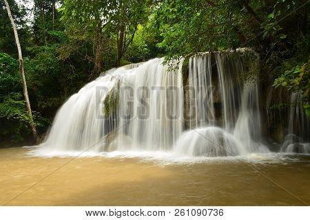 Beautiful Watefall In The Rainy Season,erawan Waterfall,kanchanaburi,thailand.