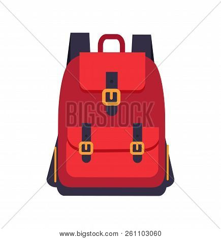Red Backpack With Black Slings Colorful Banner Isolated On White Vector Illustration, Pretty Things 