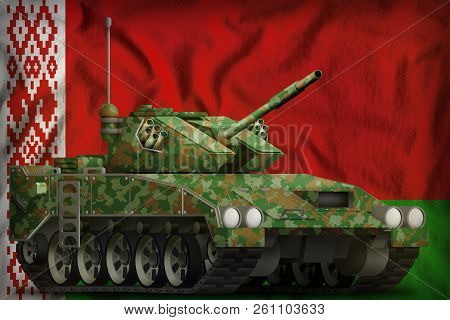 Light Tank Apc With Summer Camouflage On The Belarus Flag Background. 3d Illustration