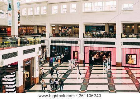 Warsaw, Poland - September 27, 2018: People Visitors Walking Indoor Arkadia Shopping Mall
