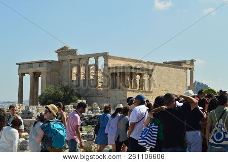 Facade Of The Erechtheion Known As The Caryatids At The Acropolis Of Athens. History, Architecture, 