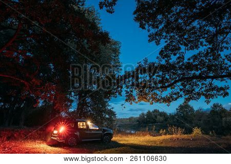 Gomel, Belarus - September 29, 2018: Car Renault Duster Suv In Autumn Night Forest. Duster Produced 