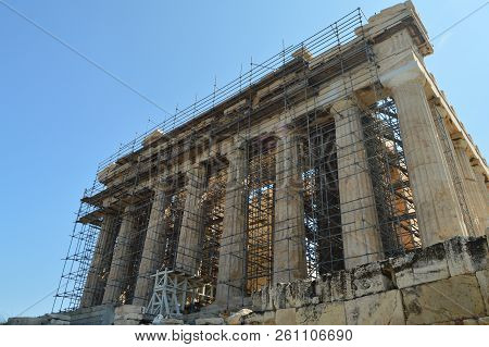 Partenon On The Acropolis Of Athens. History, Architecture, Travel, Cruises. July 9, 2018. Acropolis