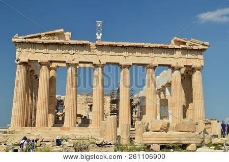Partenon On The Acropolis Of Athens. History, Architecture, Travel, Cruises. July 9, 2018. Acropolis
