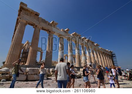 Partenon On The Acropolis Of Athens. History, Architecture, Travel, Cruises. July 9, 2018. Acropolis