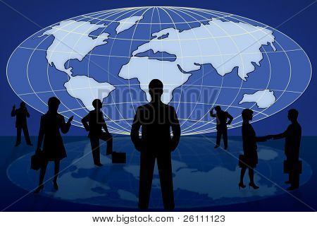 pessoas de negócios silhueta mapa mundo azul