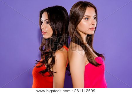 Profile Side View Photo Of Two Nice-looking, Magnificent, Exquisite, Delicate, Winsome Woman In Fuch