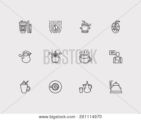 Tea Icons Set. Paper Cup And Tea Icons With Turkish Coffee Pot, Cappuccino And Stovetop Espresso. Se