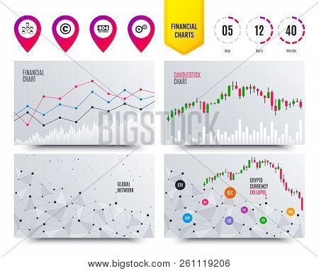 Financial Planning Charts. Website Database Icon. Copyrights And Gear Signs. 404 Page Not Found Symb