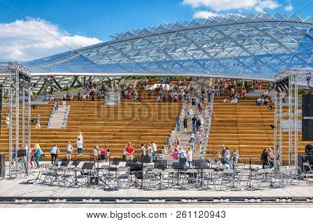 Moscow - June 17, 2018: New Amphitheater With A Glass Roof In Zaryadye Park In Moscow, Russia. Zarya
