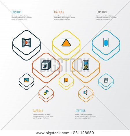 Music Icons Colored Line Set With Pause, Cinema, Image And Other Eject Elements. Isolated  Illustrat