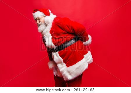 I Wish Visit Chiropractor! Profile Side View Stylish Aged Unhealthy Spine Mature Santa In Costume He