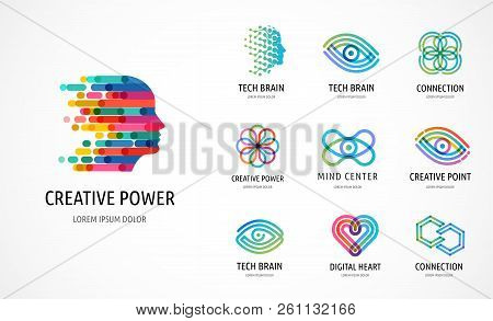 Brain, Creative Mind, Learning And Design Icons, Logos. Man Head, People Symbols - Stock Vector